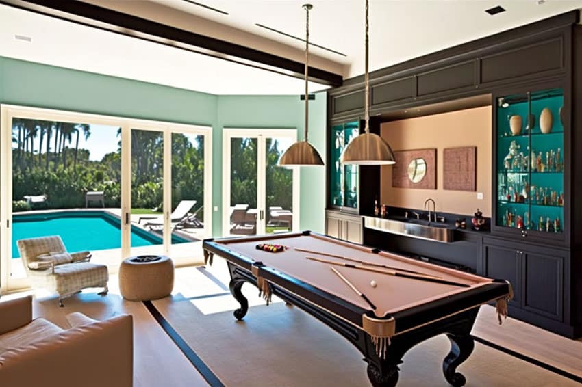 Game area green paint with large built-in bar overlooking pool