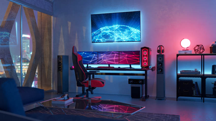 Game room with gaming station neon lights