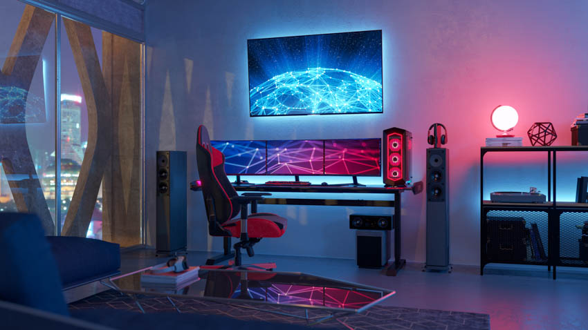 Game room with entertainment, neon lights