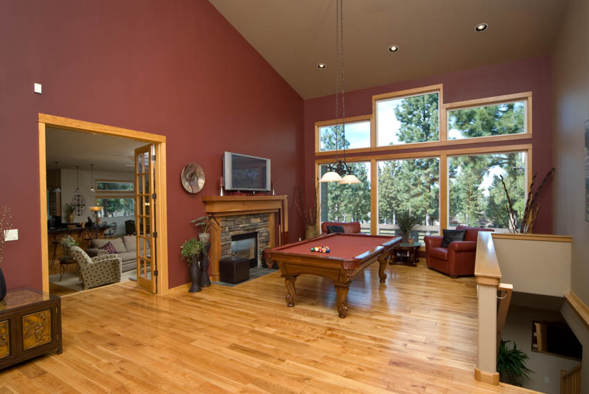 Gaming room with wood floor red wall billiards table