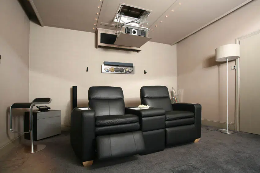 Home theater black recliner chairs ceiling projector