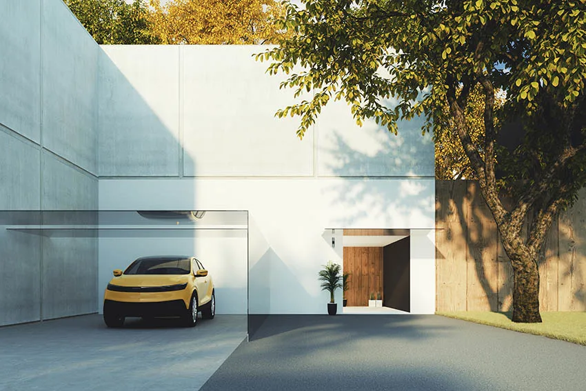 House with fiberglass garage and parked car 