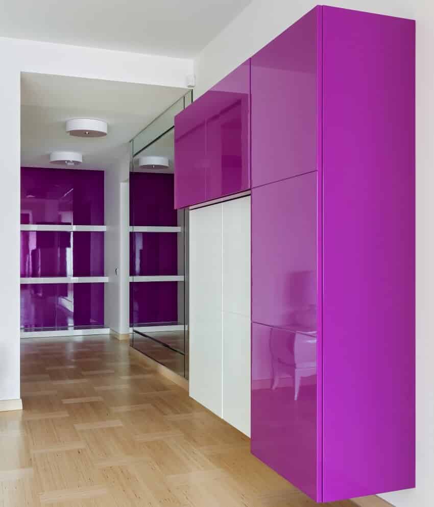 Interior of empty wardrobe room with furniture in pink colors