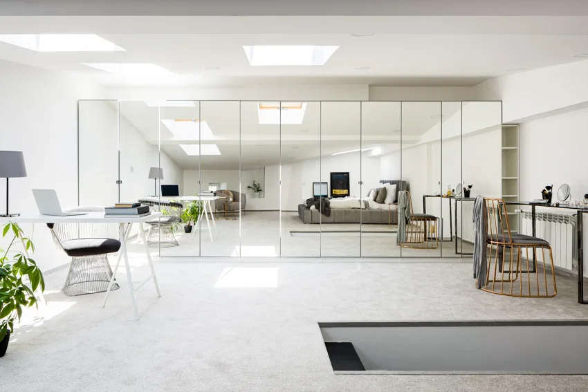 Large mirror panels on wall home office
