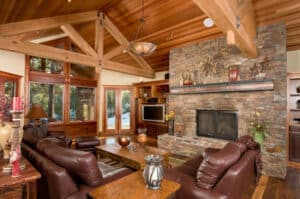 Log Cabin Brown Leather Furniture Fireplace Wood Floor Ceiling Is 300x199 