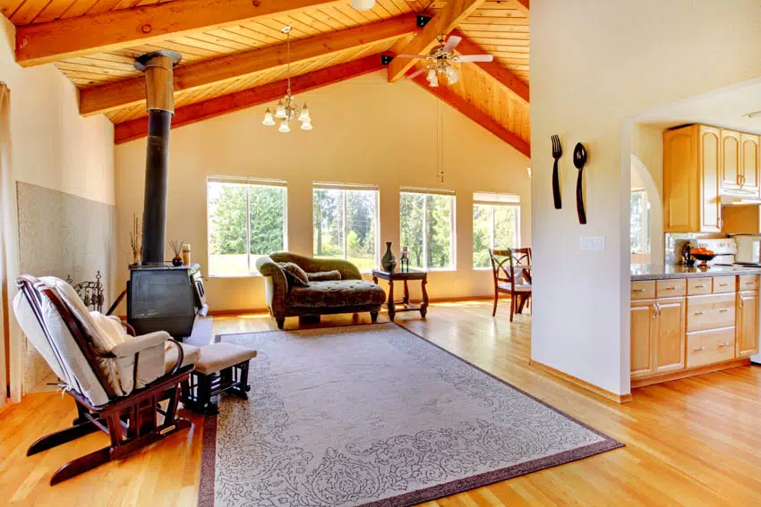 cabin style house interior wood plank floor 
