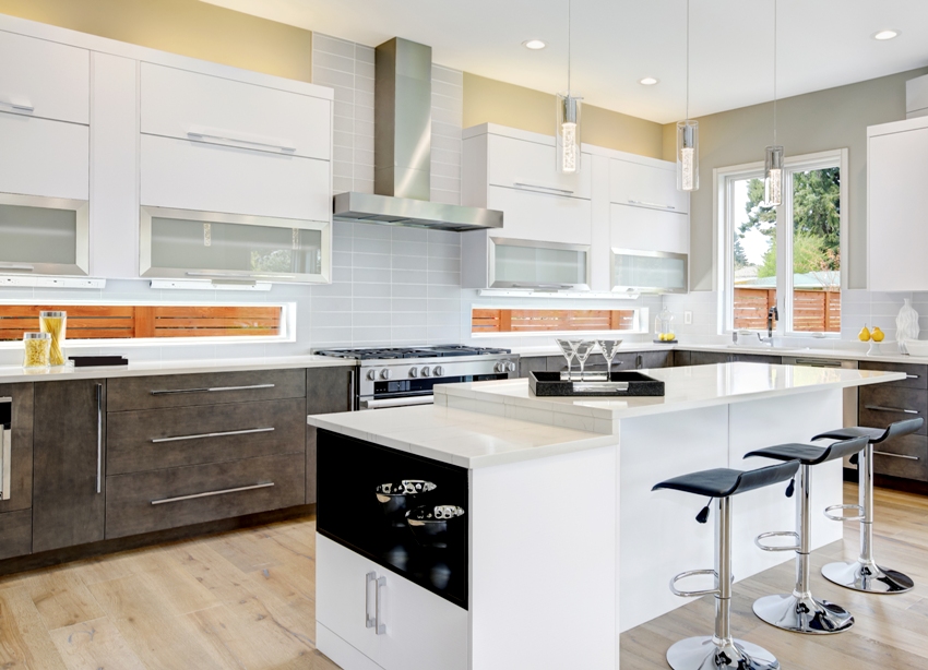 Luxury kitchen with natural backsplash white quartz natural brown wood cabinets