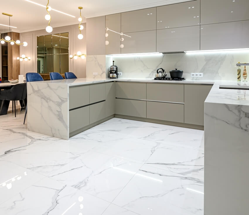 Luxury large modern white marble kitchen united with dining room