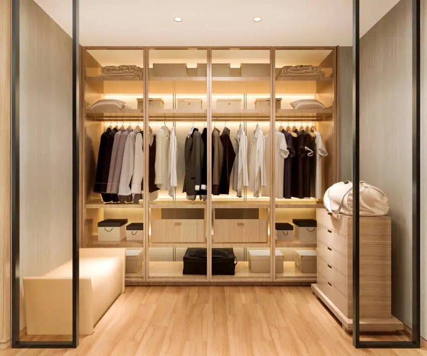A luxury scandinavian wood closet with wardrobe
