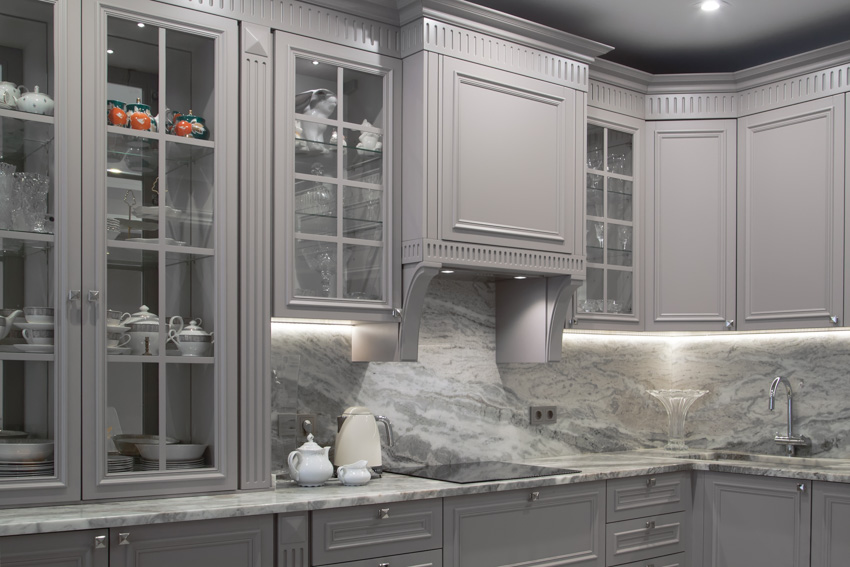 Marble countertop backsplash gray glass cabinets