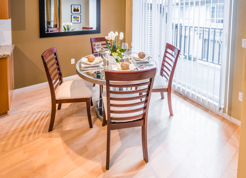 Mirrored tabletop wood floor chairs dining room