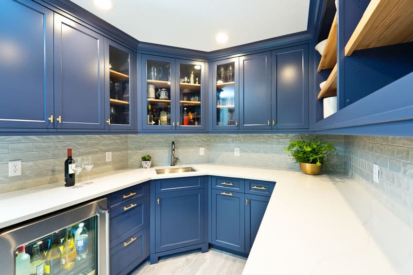 Modern bar pantry room with blue cabinets