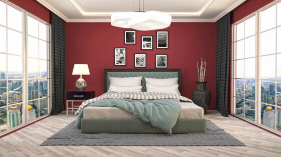 Red Paint Colors For Bedrooms Designing Idea Modern Bedroom Interior With Red Walls Floor To Ceiling Windows And Laminate Flooring 21 Is 561x315