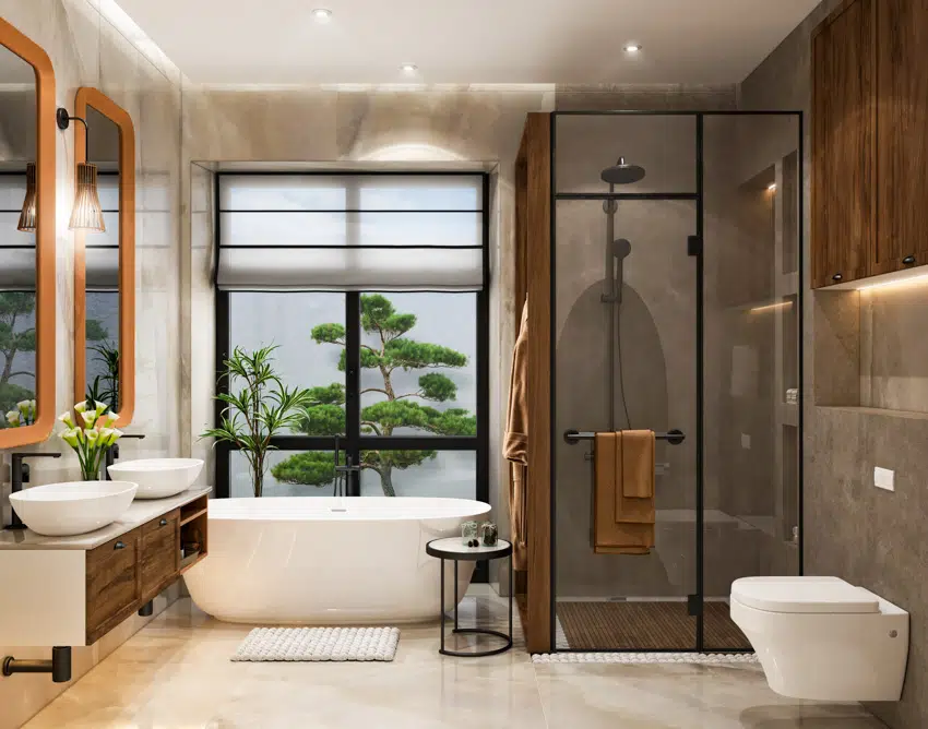 Modern gray and wood bathroom with window glass shower space mirror twin sinks toilet bathtub