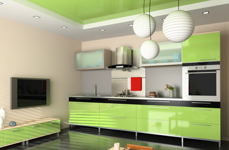 Modern Kitchen And Living Room Interior With Light Green Kitchen Cabinets 758x496 