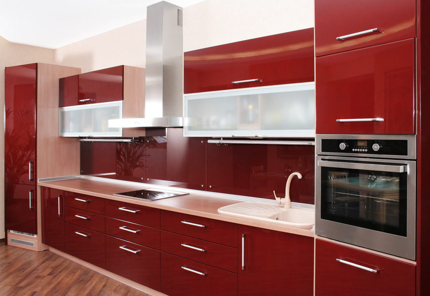 Acrylic Kitchen Cabinets Pros And Cons Cabinets Matttroy   Modern Kitchen Interior With Wooden Flooring Red Door And Kitchen Cabinets 