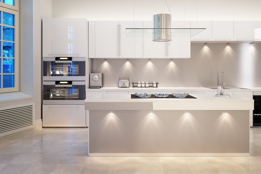 Single wall kitchen with classic white cabinets and various light fixtures