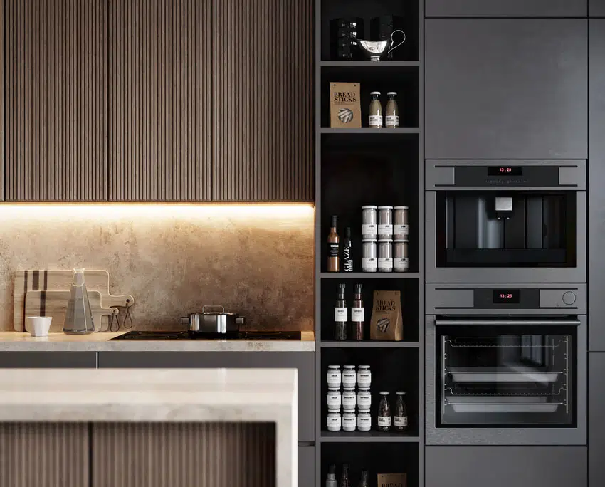 Modern kitchen with matte black pantry shelves
