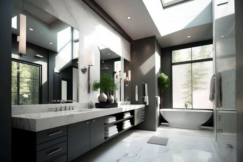 Modern master bathroom quartz wall tile freestanding tub