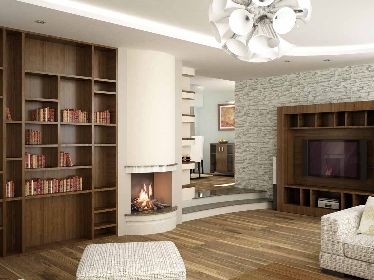 room with built in bookcase television and fireplace