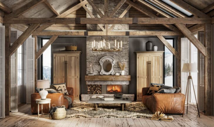 Rustic Log Cabin With Gray Wall Coffered Ceiling Wood Floor And Cabinets Is 728x435 