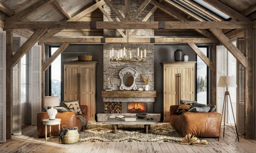 Rustic cabin with gray wall, coffered ceiling wood distressed floor and cabinets