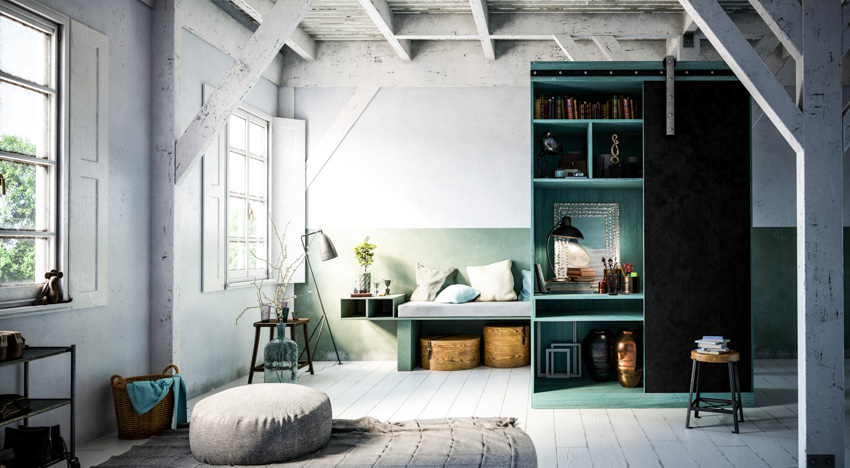 Shaker style shutters, white wall cabinet and wood flooring