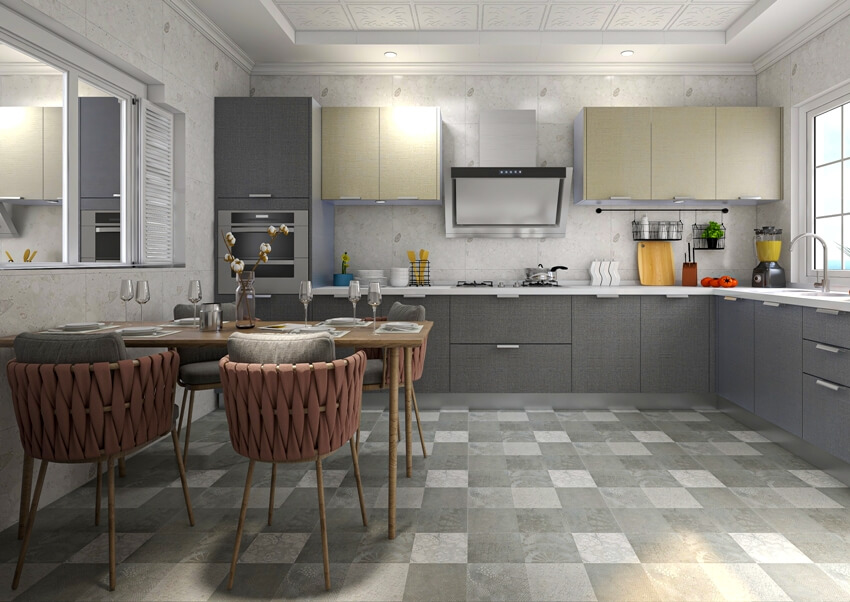 Kitchen with checkered floor tiles, tables and chairs with backsplash