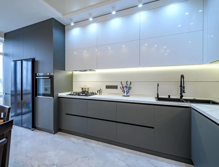 Spacious luxury white and dark grey modern kitchen interior