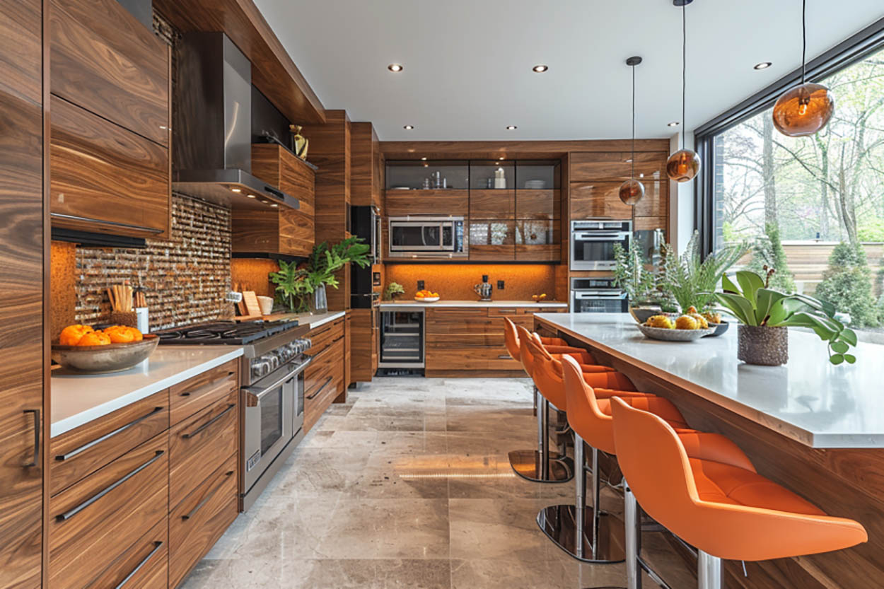 Acrylic wood grain cabinets with quartz slab counter and orange bar stools