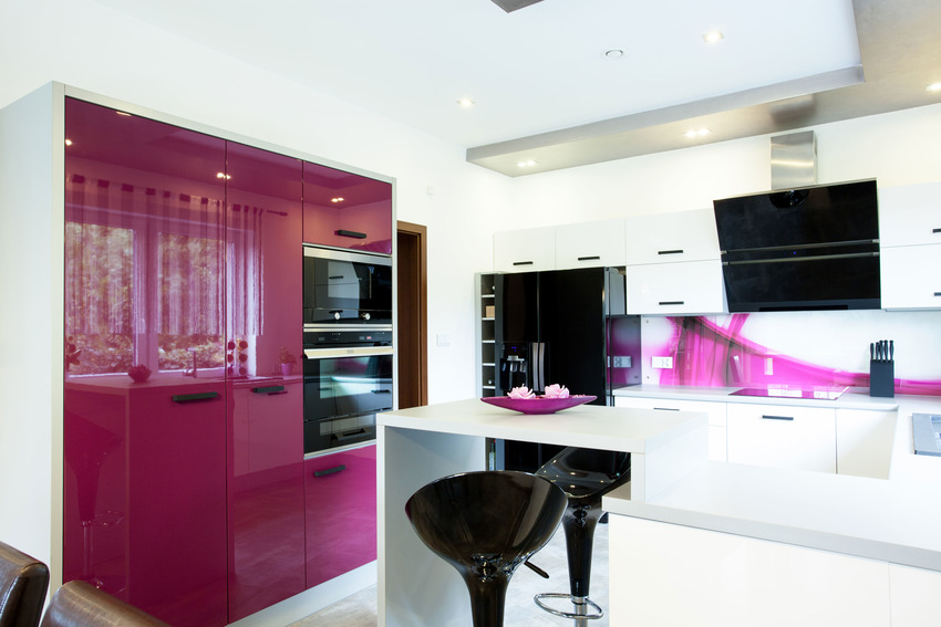 Stylish black pink and white kitchen with high gloss cabinet