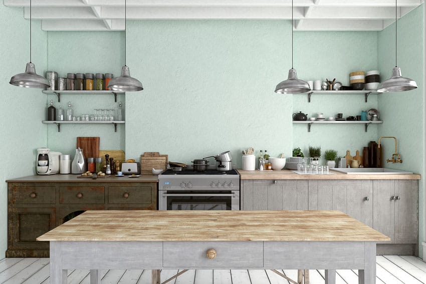 Stylish kitchen interior with light blue walls and condiments on display