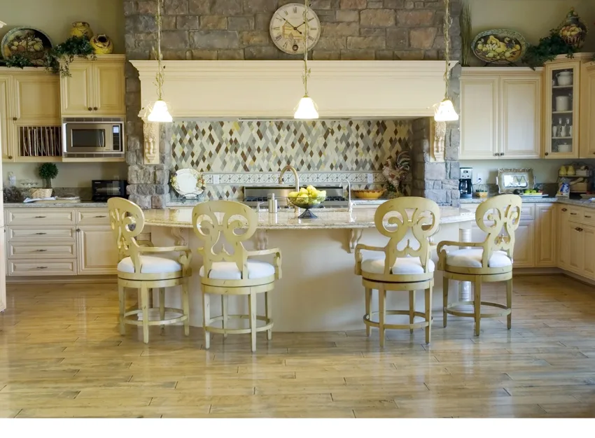 Tuscan kitchen white cabinet stone backsplash hanging light chairs