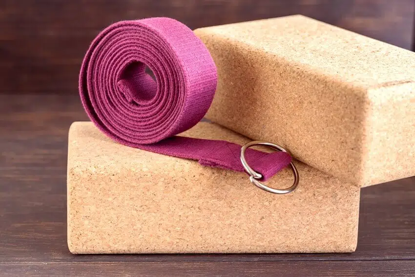 Two cork blocks and violet yoga strap