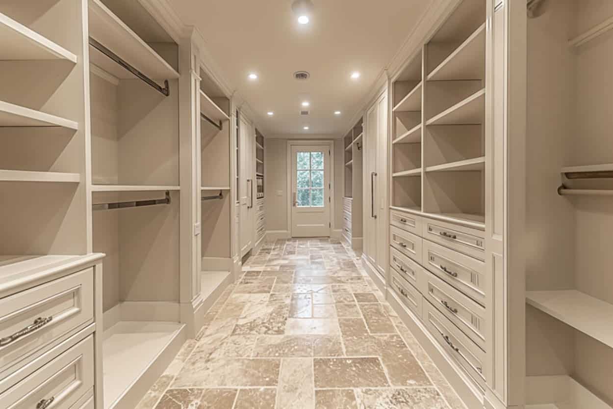 Closet with travertine stone floors