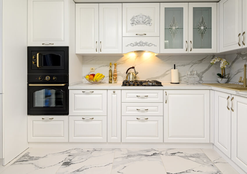 White cozy modern classic kitchen interior with marble tiles