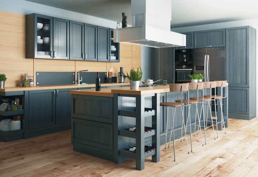Wood kitchen with dark island centerpieces stools black cabinets