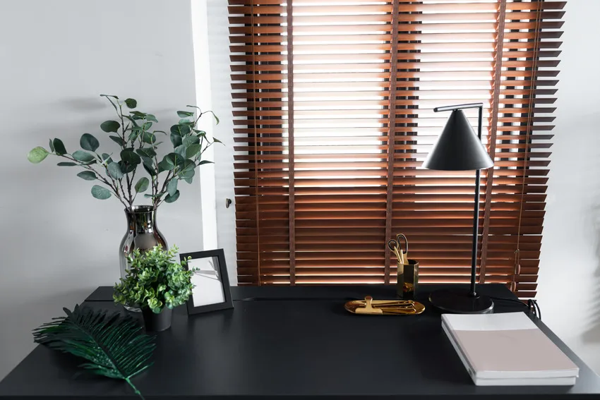 Work corner in home with decorative plant and faux wood blinds