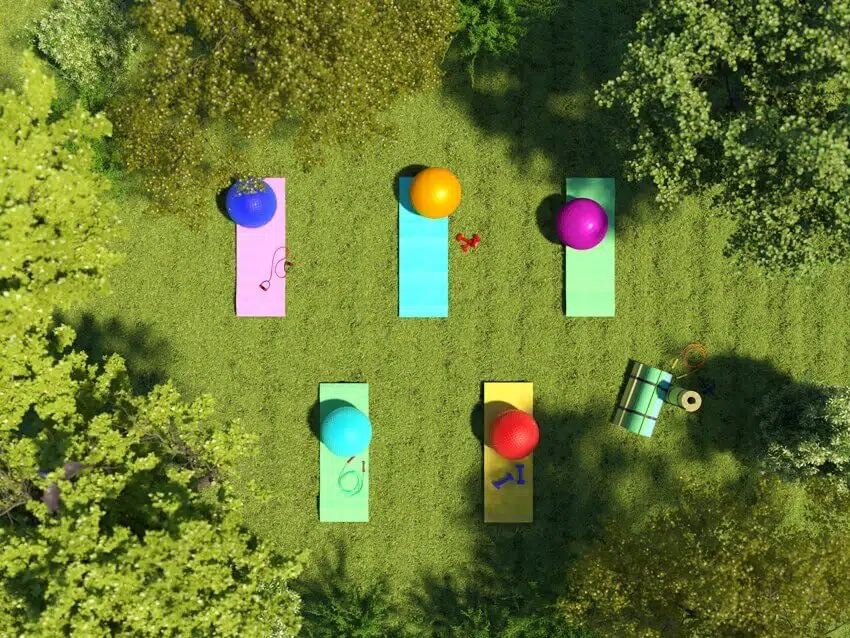 A yoga mat and fitness ball on grass with surrounding trees on the top view