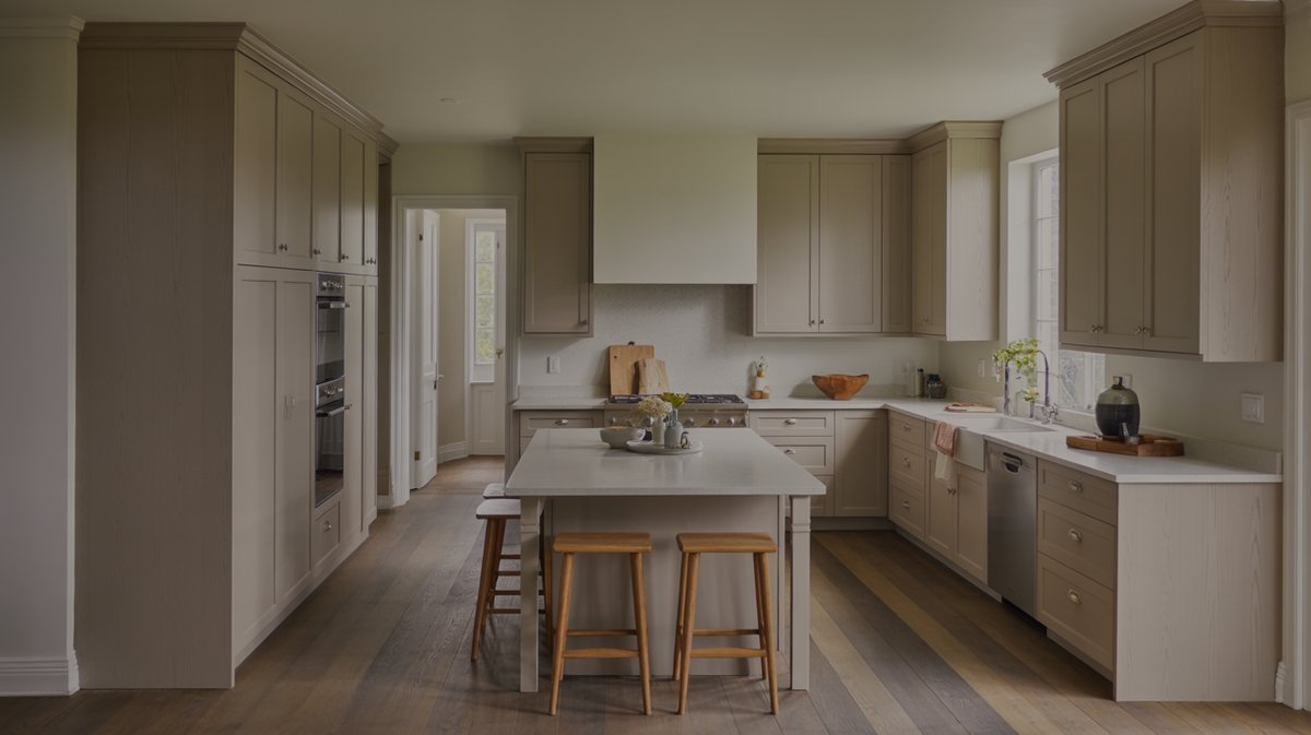 Warm greige gray cabinets with white quartz countertops and a matching island