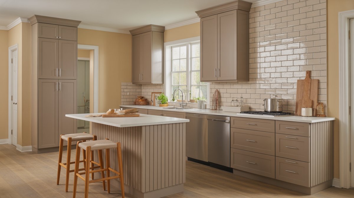 Taupe gray cabinets with white subway tile backsplash and a beadboard island