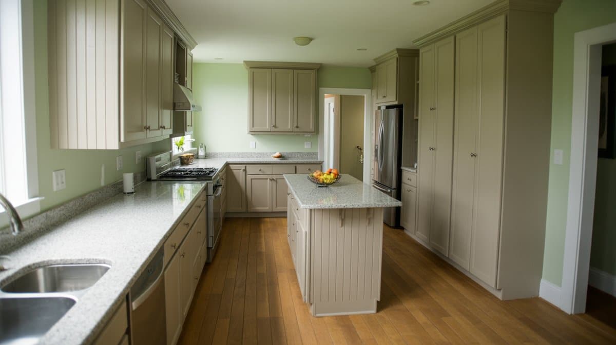 Sage gray cabinets against soft green walls with speckled granite countertops