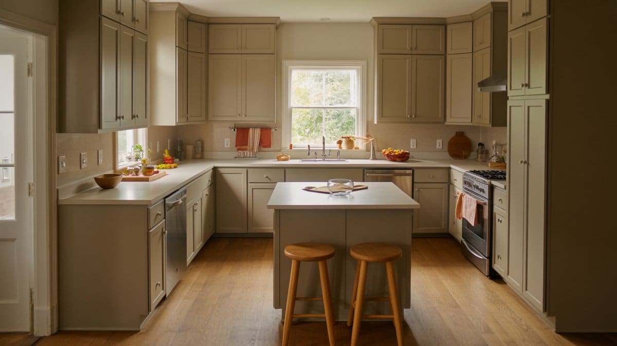 Warm gray cabinets and walls with red accents around a small wood stool island