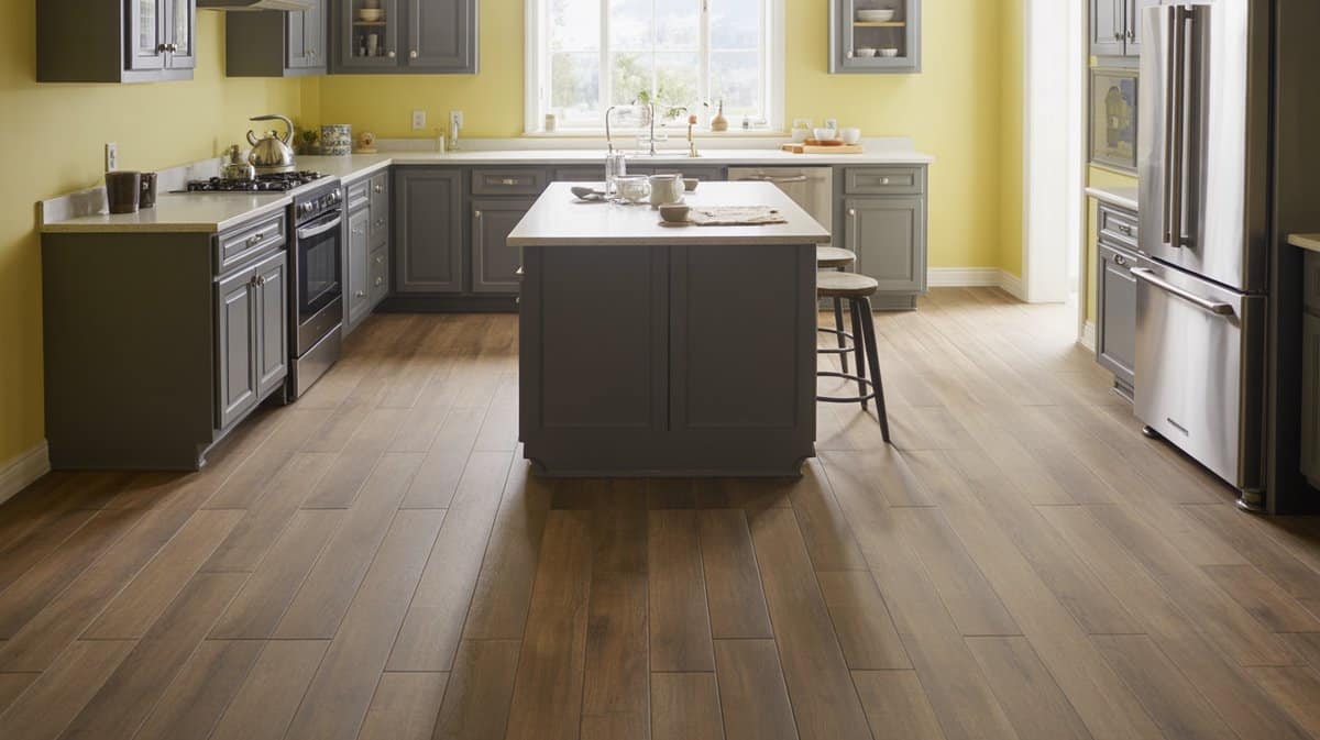 Dark gray cabinets brightened by sunny yellow walls above wood look floor tile
