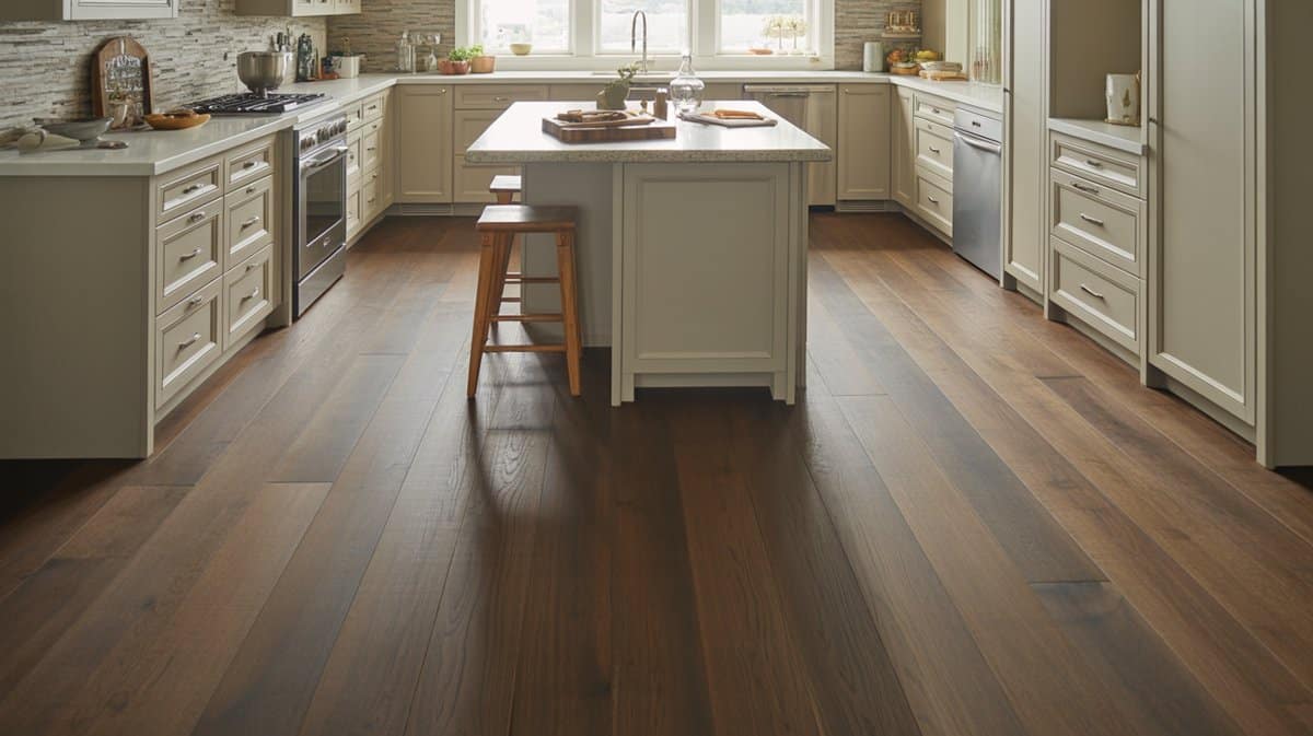 Greige cabinets above rich espresso hardwood floors with a white quartz island