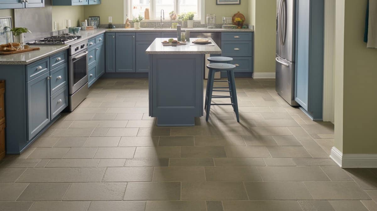 Blue gray cabinets and island set over large beige porcelain floor tiles