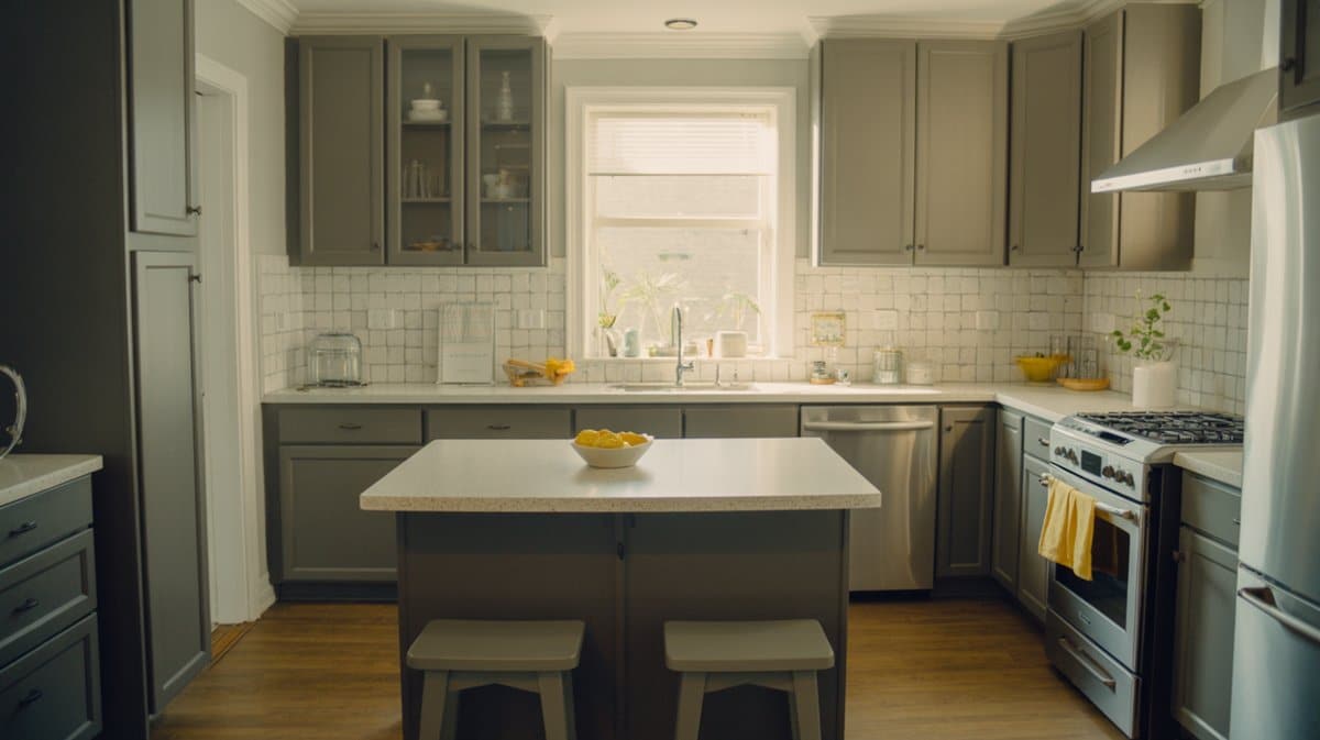 Gray cabinets with white tile backsplash and cheerful yellow accents on the island
