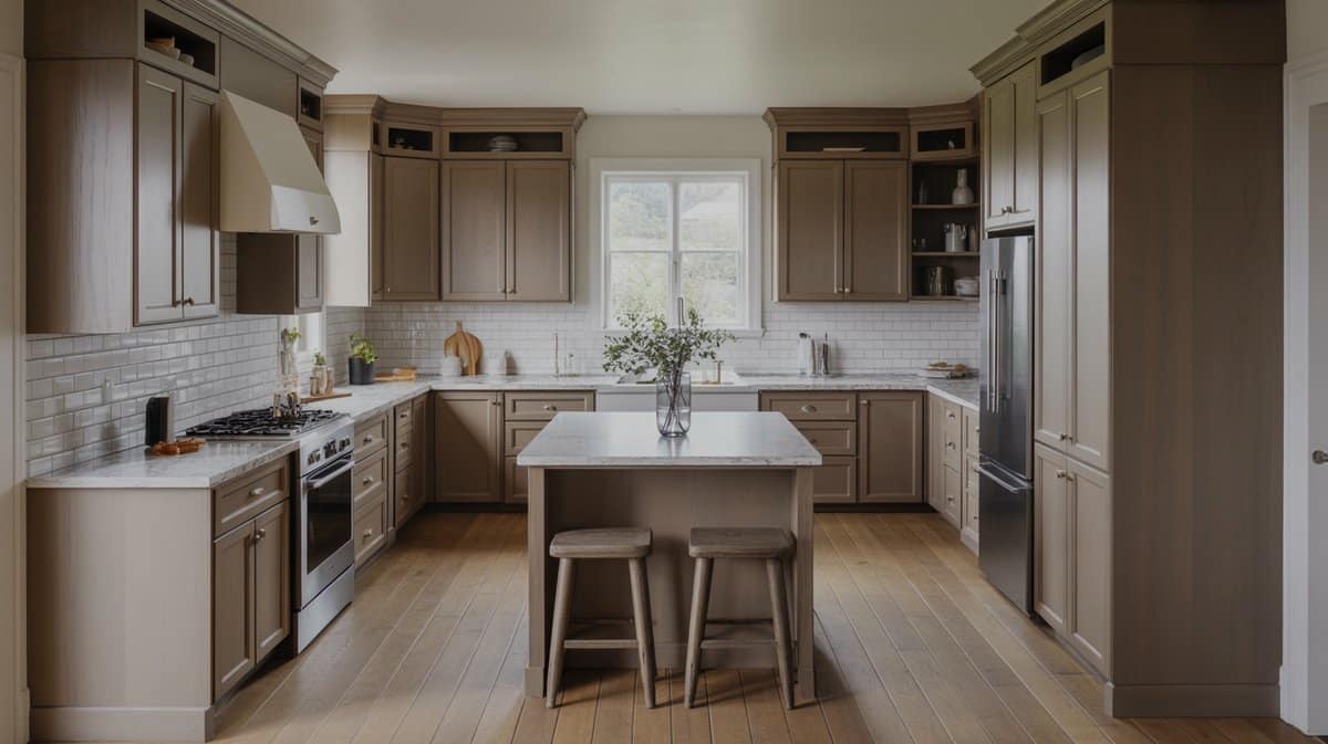 Taupe gray cabinets with white subway tile and a marble topped island