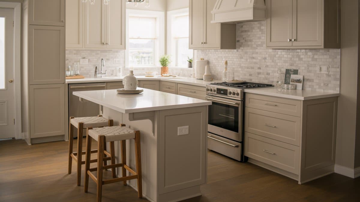 Pale gray cabinets with a white marble mosaic backsplash and quartz island