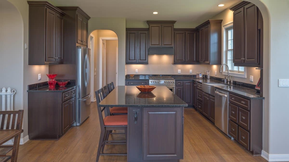 Charcoal gray cabinets with black granite counters and warm red accent touches